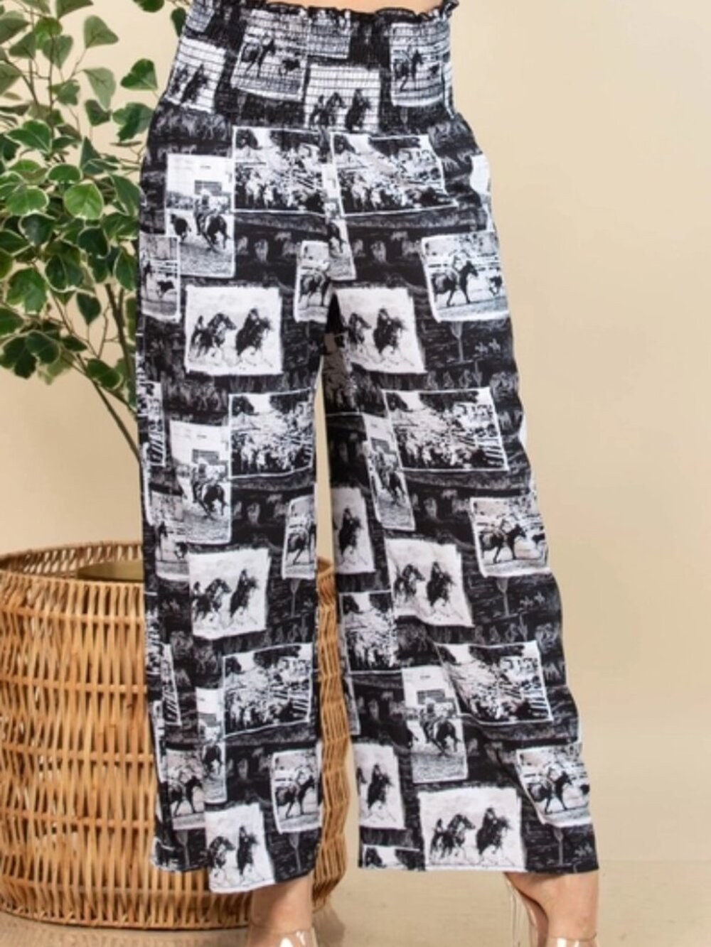 Black and White Vintage Western Print Woven Pants